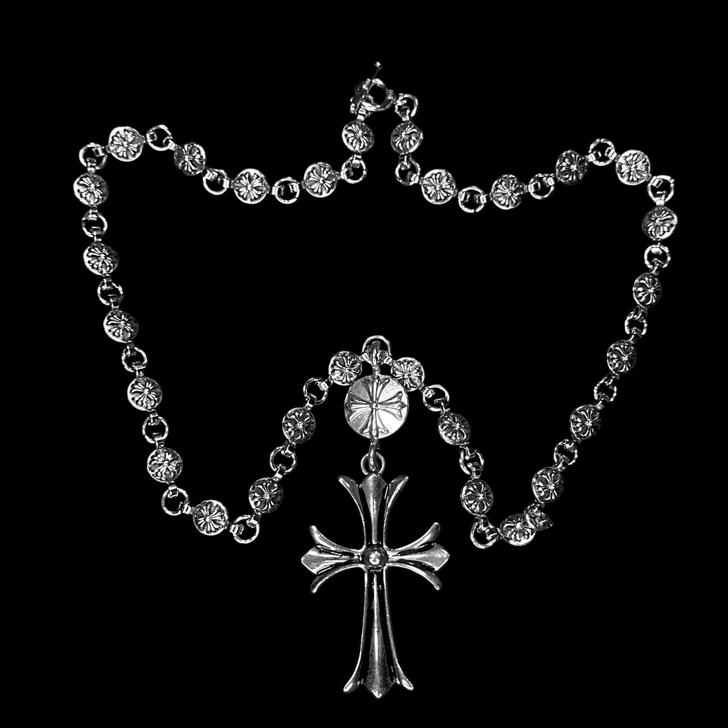 Chrome Big Cross Rosary Necklace