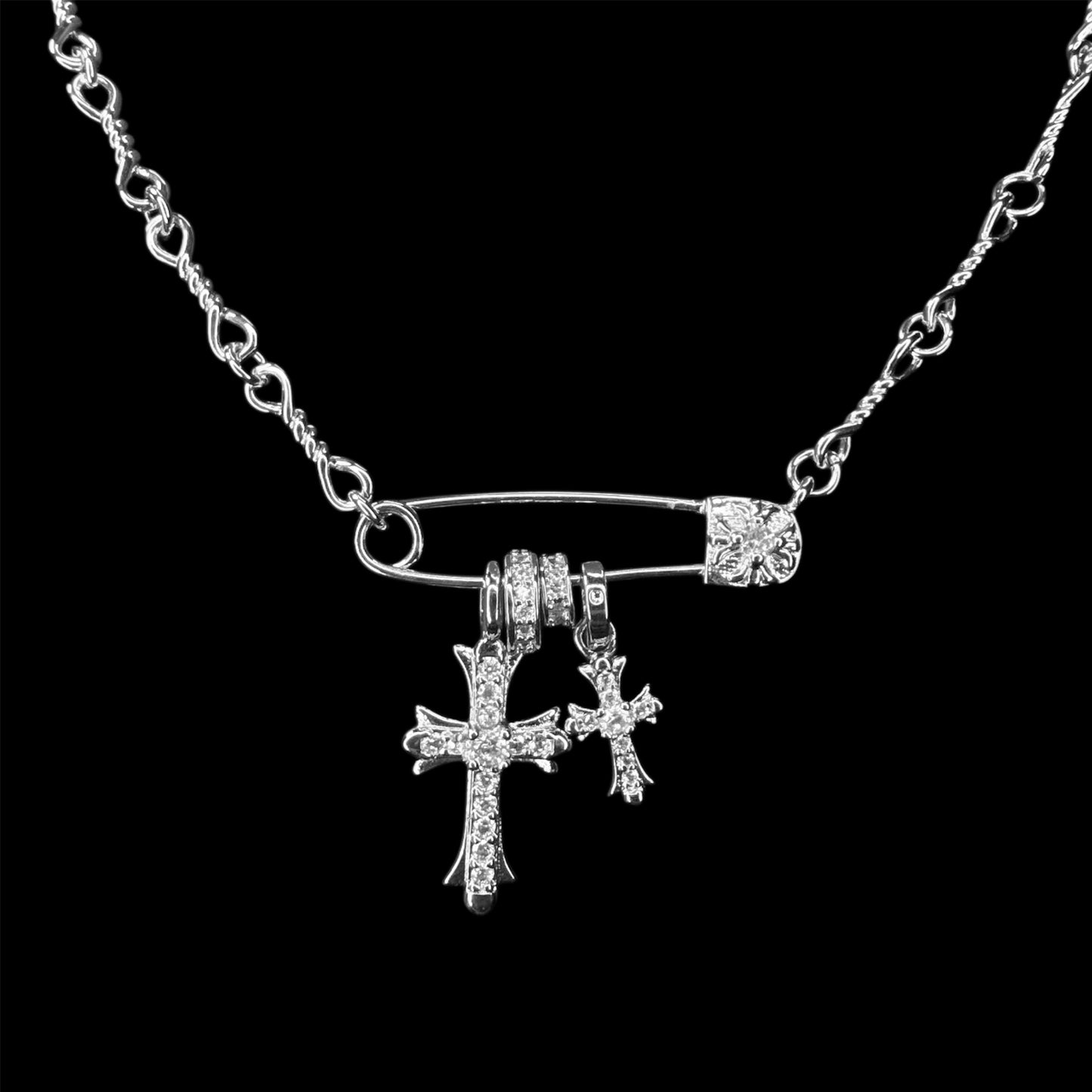 CH Safety Pin & Pavé Cross Charm Stack Pendant