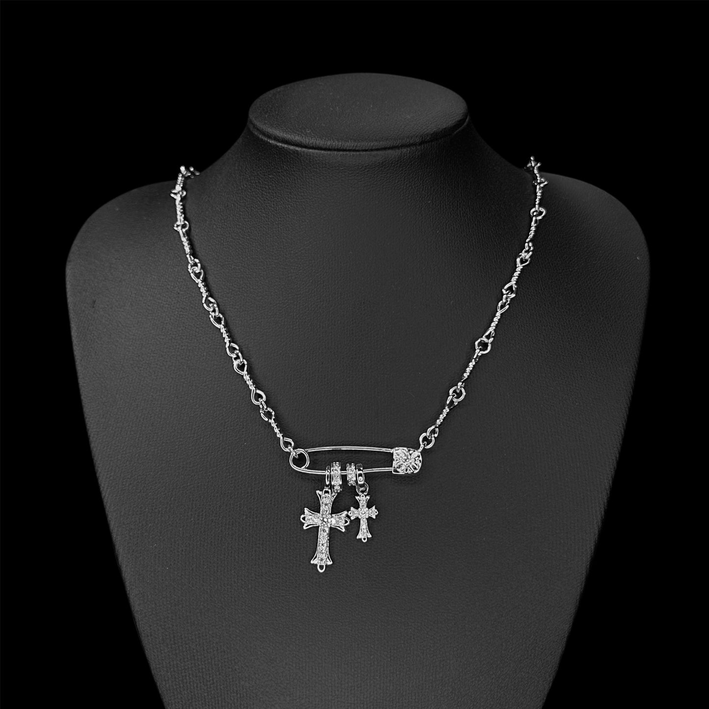 CH Safety Pin & Pavé Cross Charm Stack Pendant