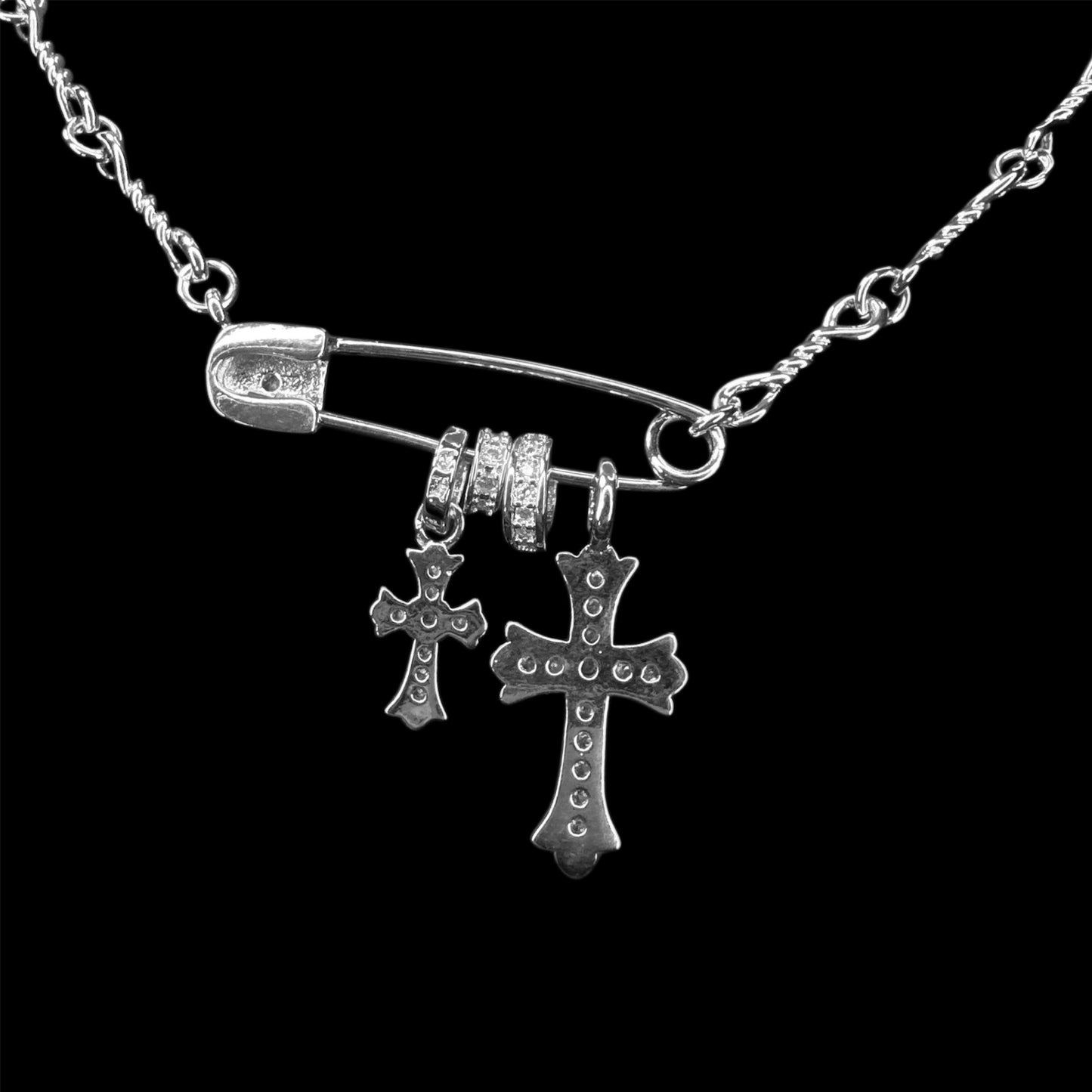 CH Safety Pin & Pavé Cross Charm Stack Pendant